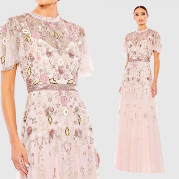 NWT Mac Duggal 9136 Pink Embellished High Neck Butterfly Sleeve Gown Size 6 - Picture 1 of 12